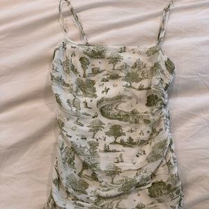 WeWoreWhat Green and White Toile printed rouched mini dress